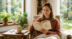 Mulher serena lendo o livro físico '365 Dias de Conexão com Deus' em um ambiente tranquilo com luz natural, transmitindo paz e hábito diário de conexão espiritual.