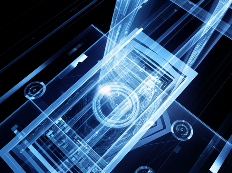 Representação abstrata e tecnológica da arte da mágica e aprendizado estruturado, com engrenagens e circuitos digitais entrelaçados em um baralho estilizado.