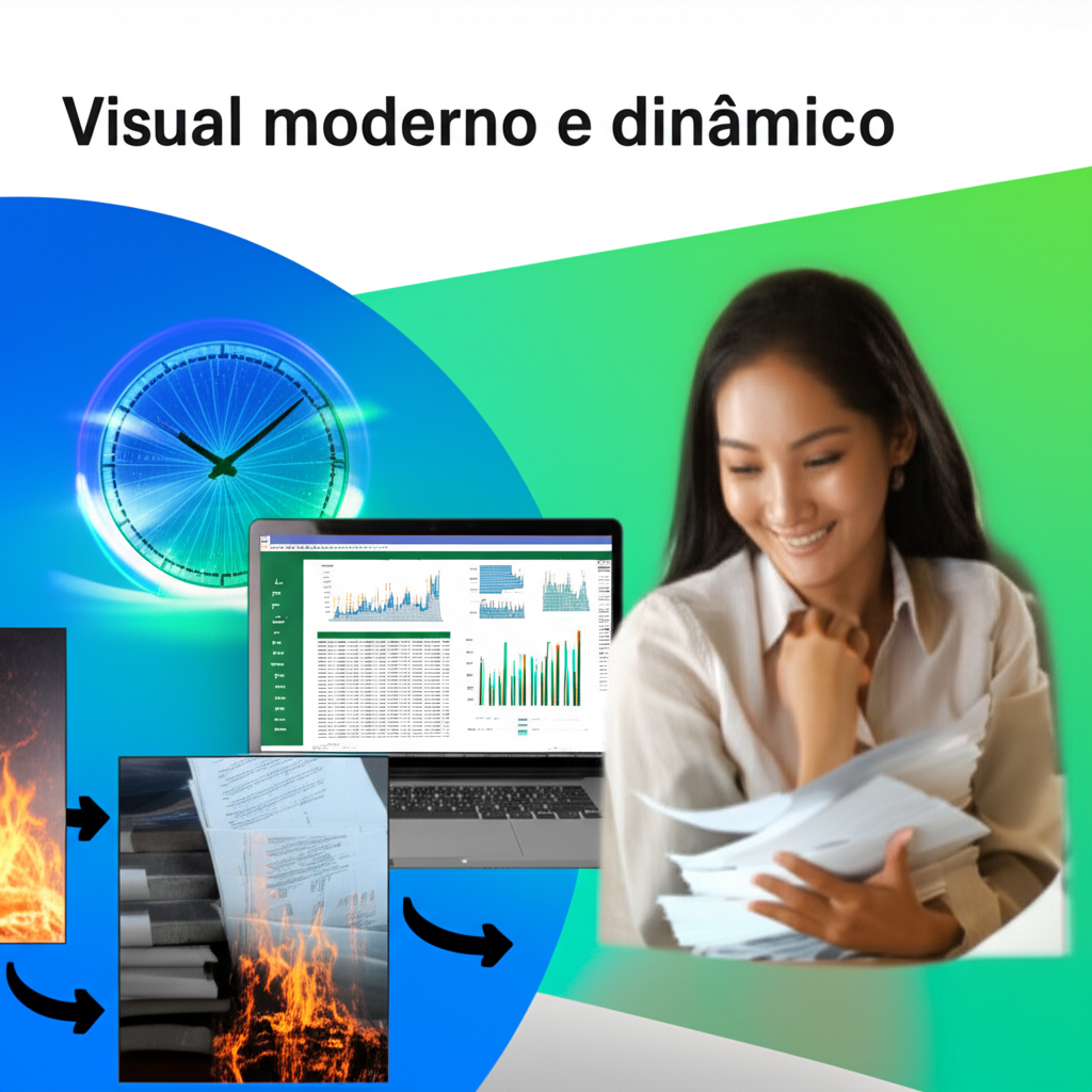 Cursos de Excel e Power BI – Funciona? Vale a Pena? O que Aprendo? 1 Pessoa utilizando Excel e Power BI em notebook, com gráficos dinâmicos, simbolizando economia de tempo e esforço. Relógio acelerado ao fundo.