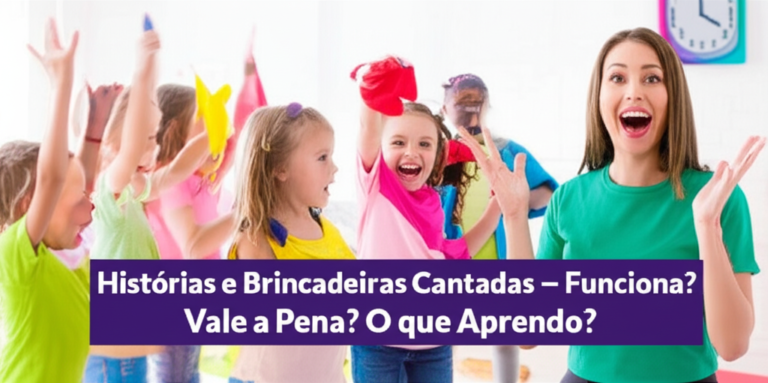 Crianças e professora felizes cantando e brincando em sala de aula, com texto 'Histórias e Brincadeiras Cantadas – Funciona? Vale a Pena? O que Aprendo?'