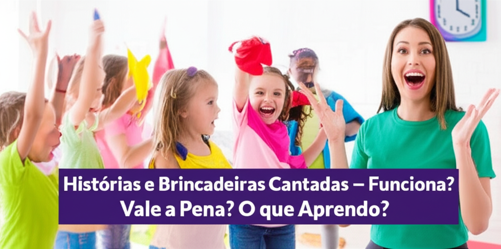 Crianças e professora felizes cantando e brincando em sala de aula, com texto 'Histórias e Brincadeiras Cantadas – Funciona? Vale a Pena? O que Aprendo?'