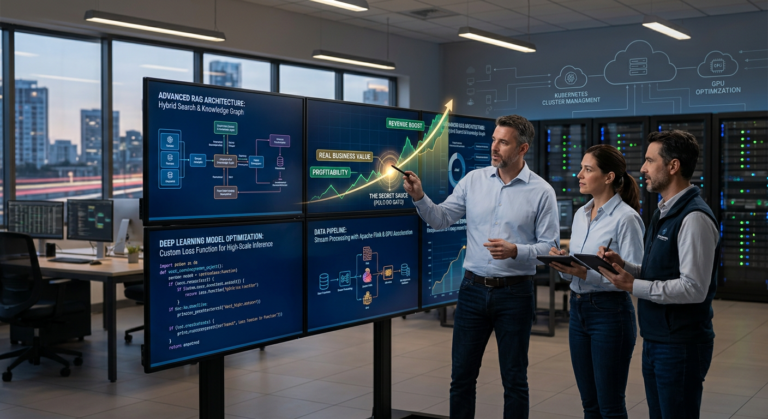 Engenheiros de software experientes focados em telas com diagramas de arquitetura RAG e pipelines de dados de IA, com elementos sutis de otimização de GPU e Kubernetes, simbolizando o 'pulo do gato' e o lucro real da especialização em Engenharia de IA.
