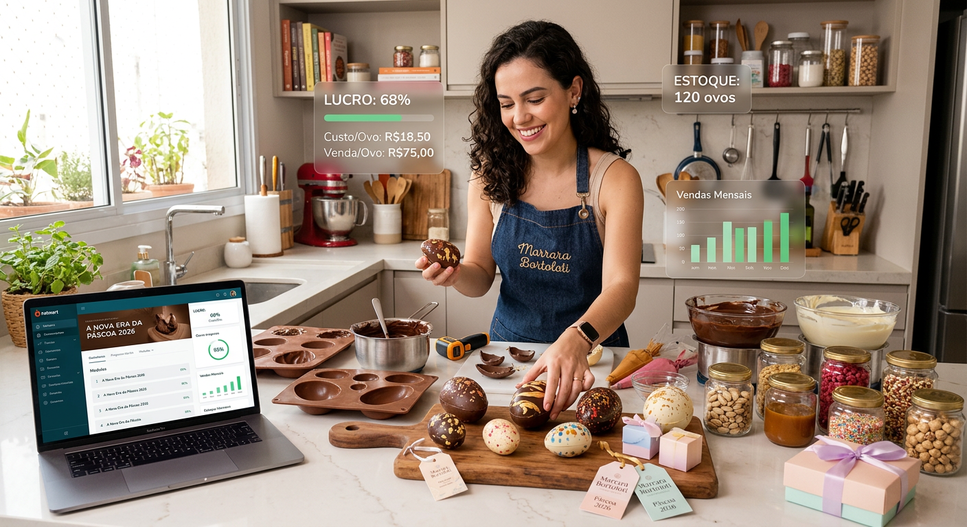 Cozinha doméstica moderna com confeiteira preparando ovos de Páscoa artesanais enquanto consulta o curso online “A Nova Era da Páscoa 2026” na tela do laptop.