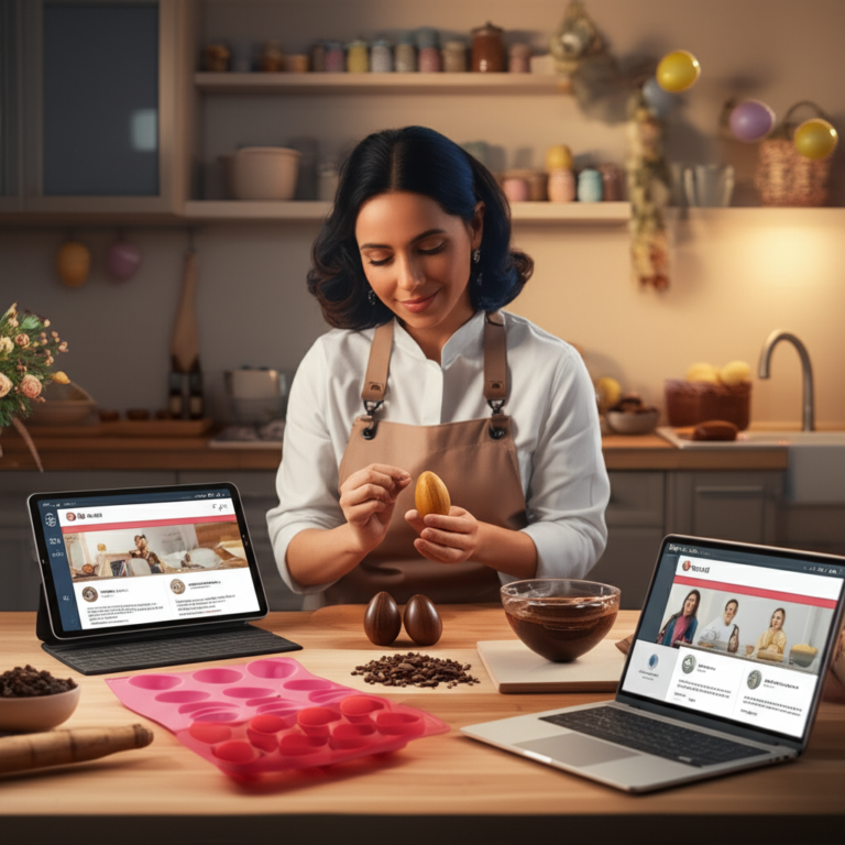 Confeiteira preparando ovos de Páscoa artesanais em um ambiente moderno, com dispositivos digitais exibindo o curso online 'A Nova Era da Páscoa 2026'.