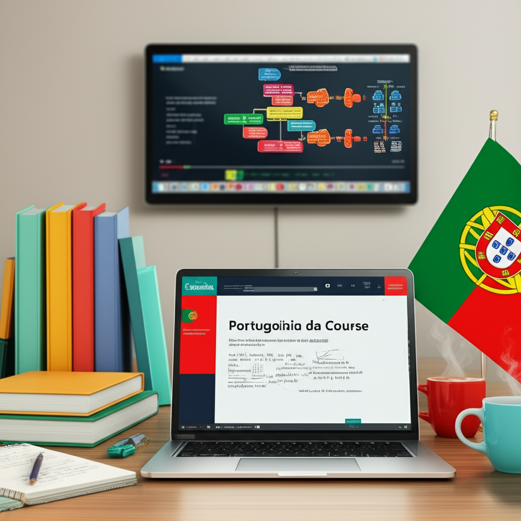 Estudante em casa assistindo ao curso online Academia de Português, com laptop, livros de gramática e opção de download gratuito.