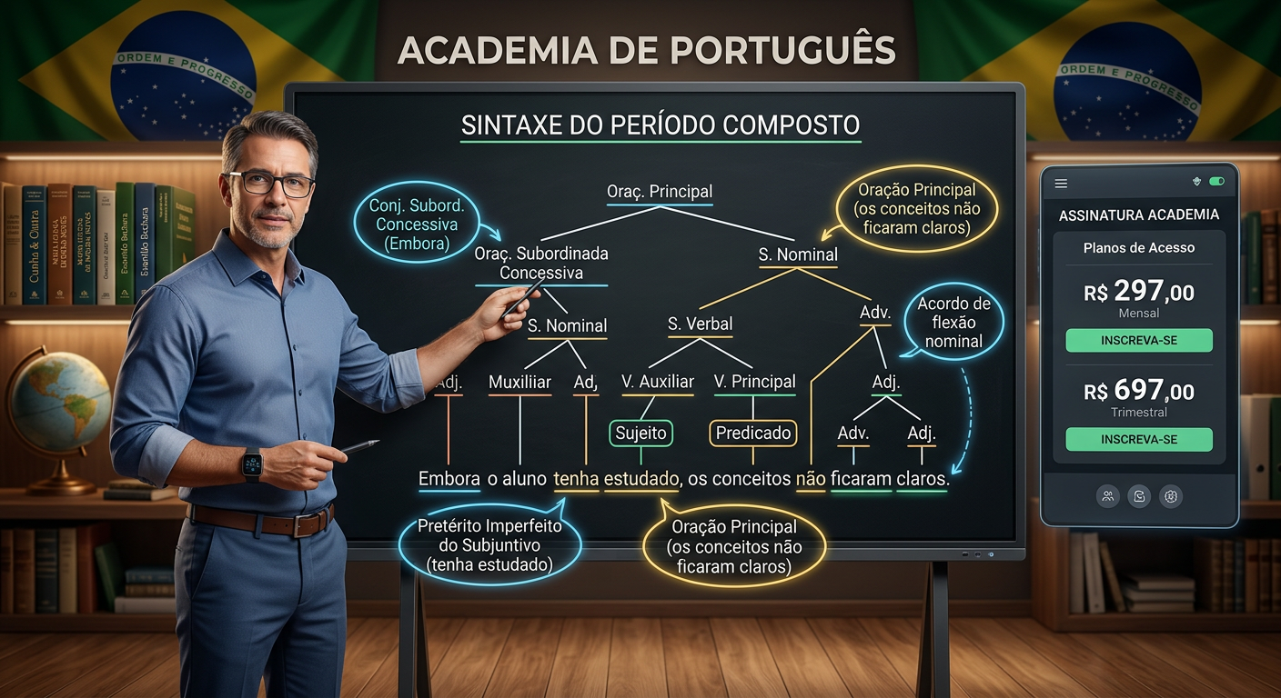 Aula virtual da Academia de Português mostrando professor explicando análise sintática ao lado de livros de gramática e painel de assinatura.