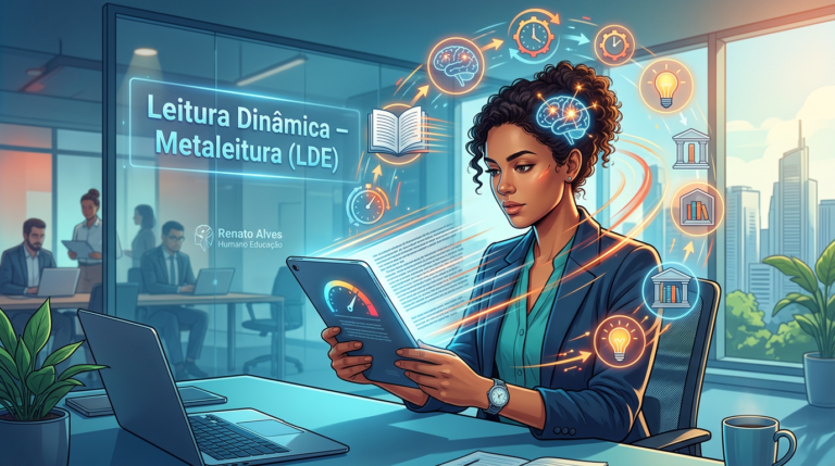 Ilustração de pessoa lendo rapidamente em tablet, com páginas, ícones de cérebro e memória, representando o curso Leitura Dinâmica – Metaleitura (LDE) da Hotmart.