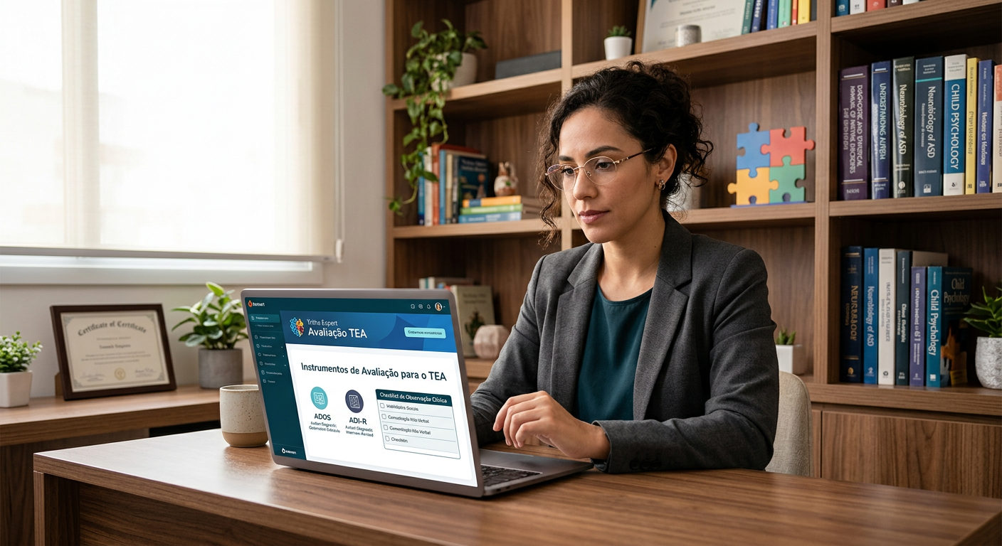 Psicólogo analisando a plataforma Trilha Expert Avaliação TEA no laptop, com ícones de instrumentos de avaliação de autismo ao fundo.