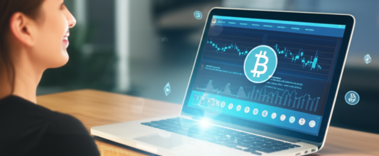 Aluno acessando o curso CRIPTOBLINDERS FÊNIX de Augusto Backes no laptop, mostrando gráficos de criptomoedas, representando acesso digital e aprendizado de mercado.