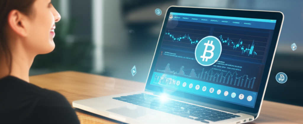 Aluno acessando o curso CRIPTOBLINDERS FÊNIX de Augusto Backes no laptop, mostrando gráficos de criptomoedas, representando acesso digital e aprendizado de mercado.