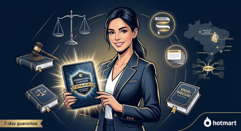 Ilustração de um estudante de direito usando técnicas mnemônicas, com símbolos jurídicos e o selo da assinatura vitalícia da Decorando a Lei Seca.