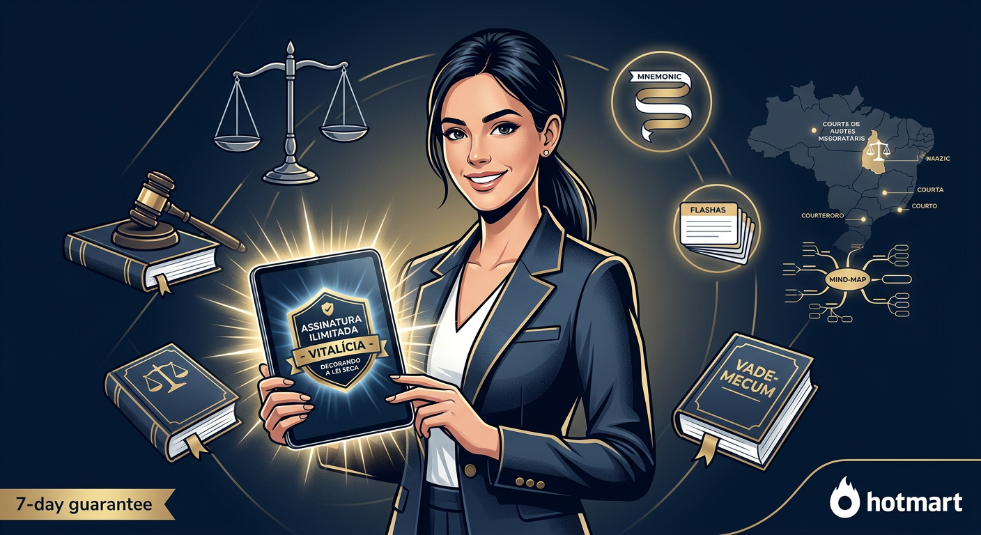 Ilustração de um estudante de direito usando técnicas mnemônicas, com símbolos jurídicos e o selo da assinatura vitalícia da Decorando a Lei Seca.