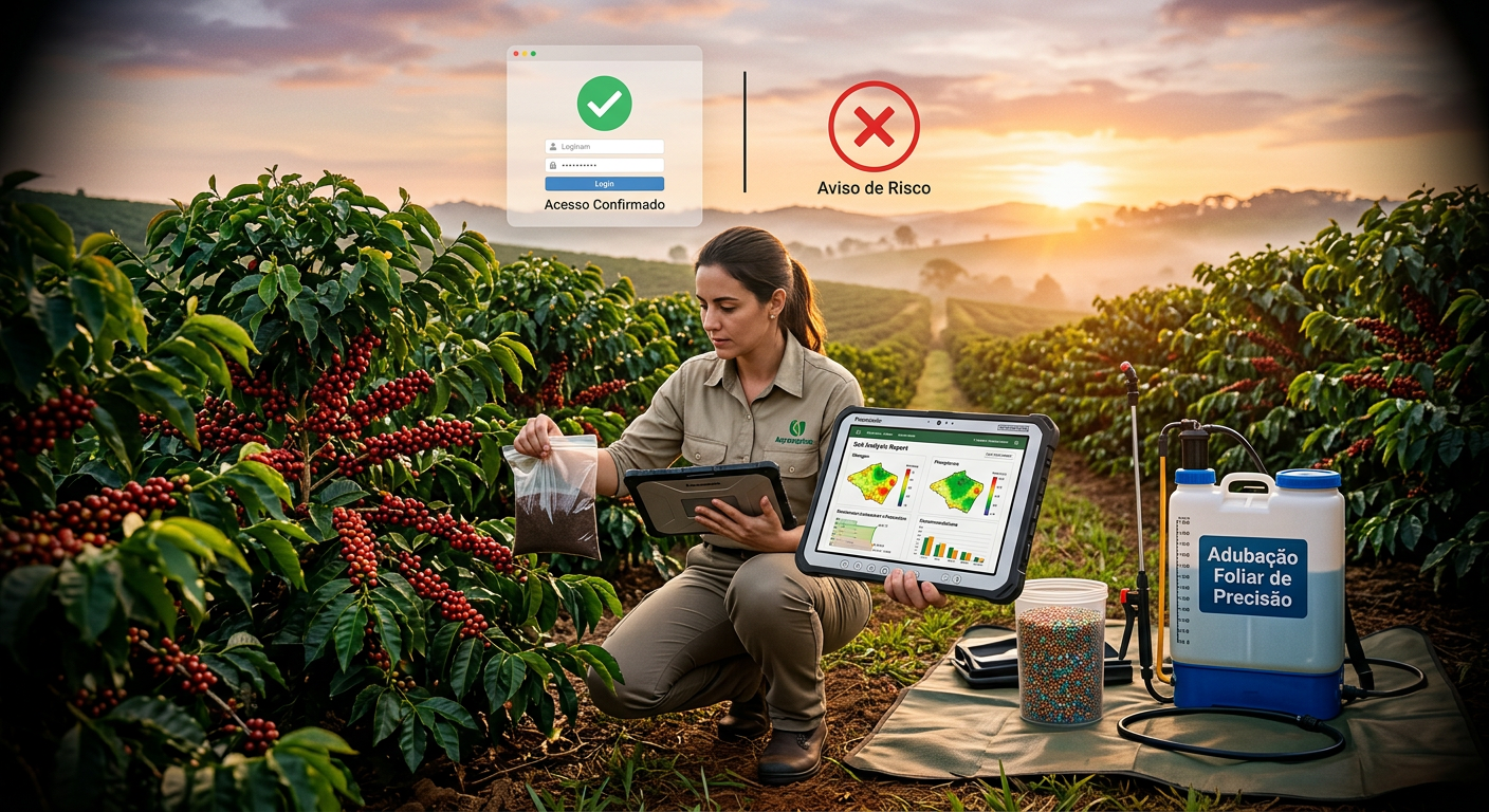 Agrônomo analisando solo e aplicando fertilizante de liberação controlada em plantação de café de alta produtividade.