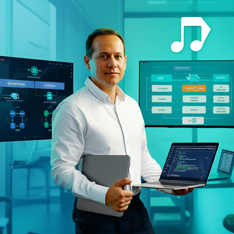 Alberto Luiz Oliveira Tavares de Souza presenting AI engineering concepts (RAG, LLMs, agentes) in a modern tech office.