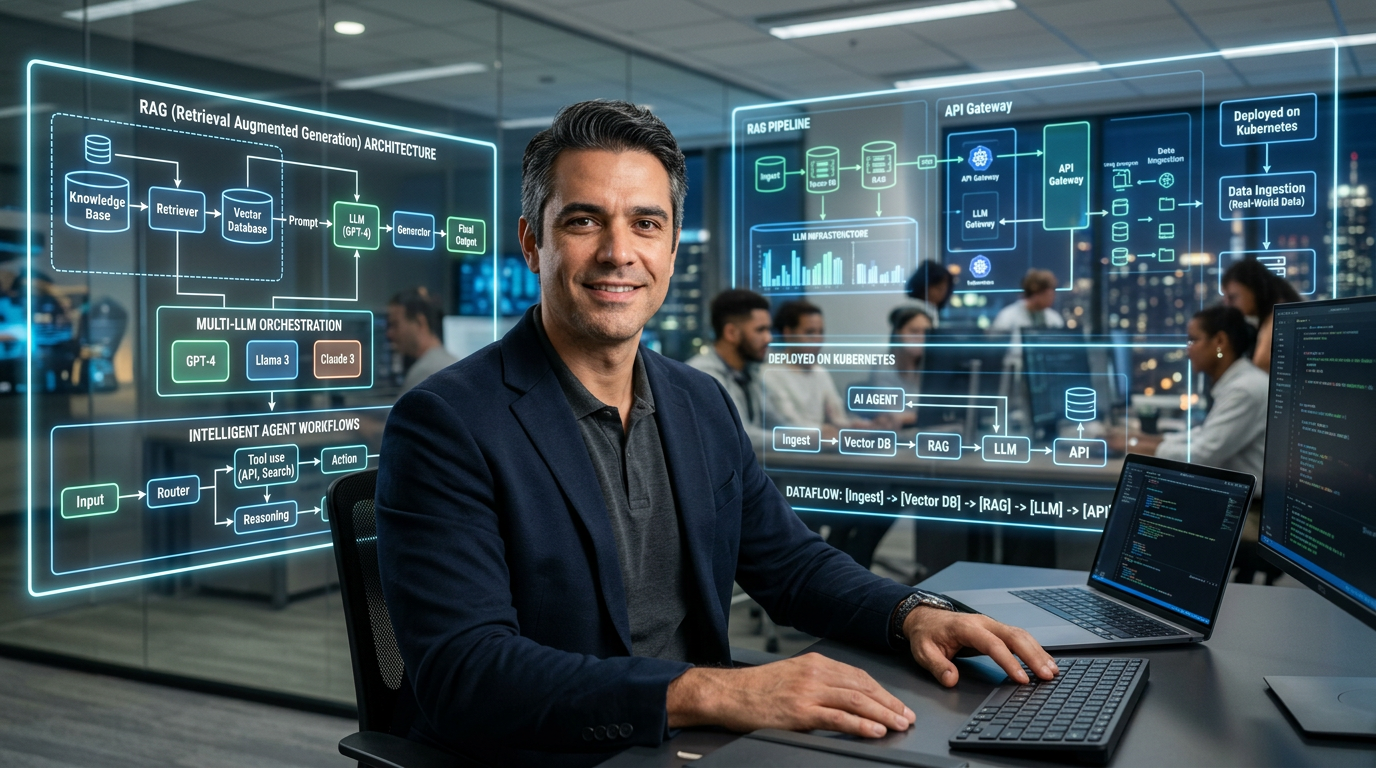 Engenheiro de software (Alberto Luiz) em frente a diagramas de arquitetura de IA, LLMs e RAG, simbolizando engenharia de sistemas eficientes.