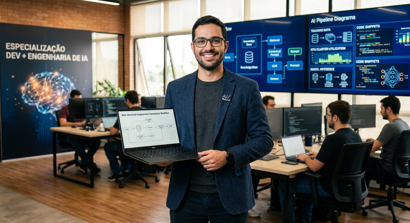 Alberto Luiz, senior engineer, apresentando a Especialização Dev + Engenharia de IA em ambiente de escritório tecnológico.