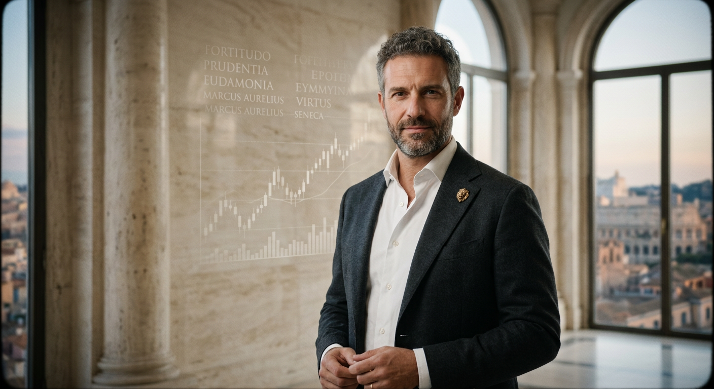 Alessandro Loiola em pose confiante, vestindo blazer escuro, com fundo de arquitetura clássica e elementos de filosofia estoica e finanças.