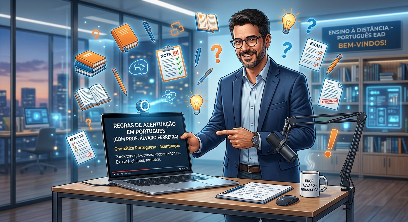 Álvaro Ferreira apresentando o curso Academia de Português em um ambiente digital com ícones de estudo