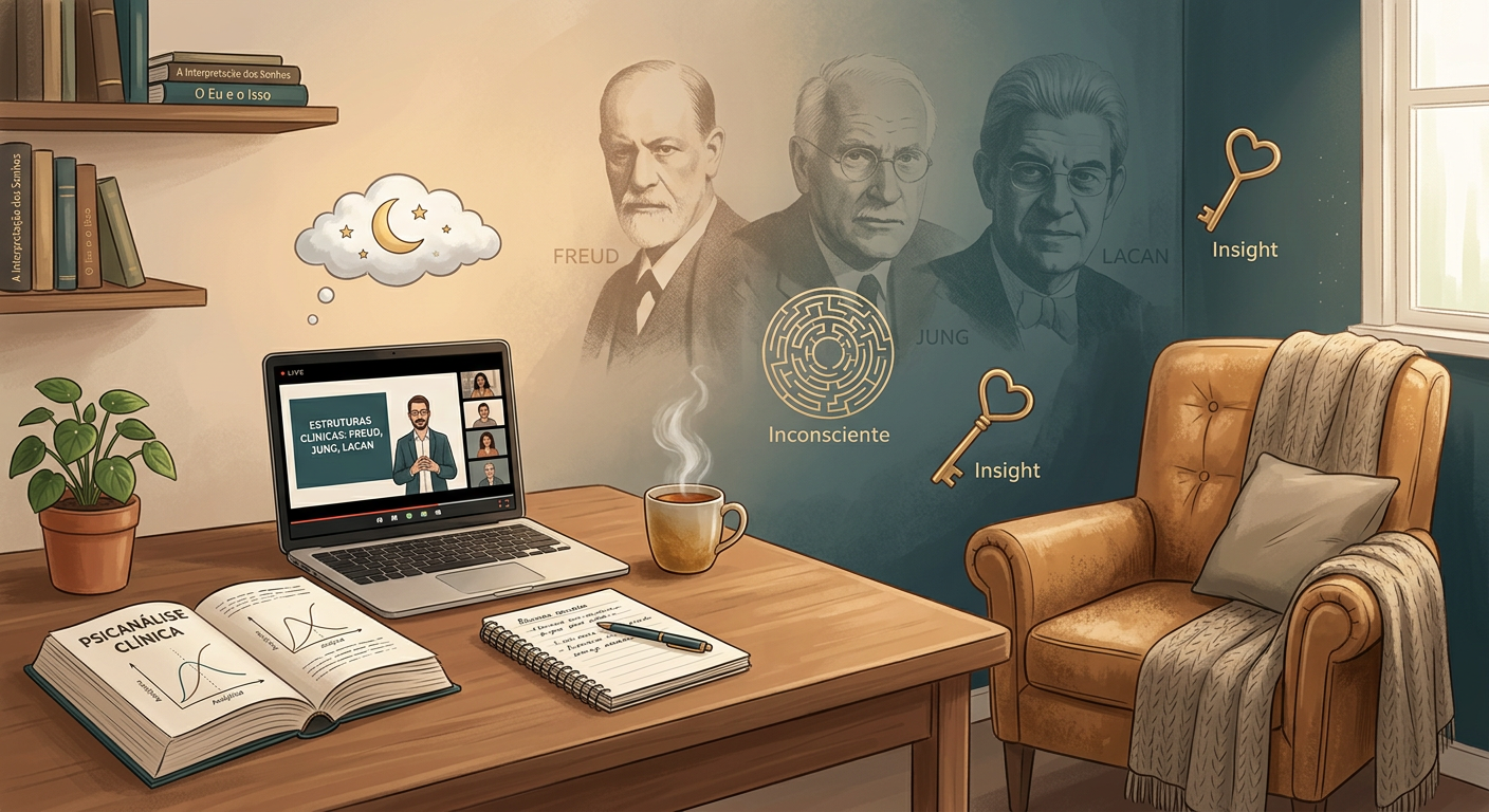 Ilustração de um ambiente de estudo online para a Formação Profissional em Psicanálise Clínica, com livro aberto, laptop, xícara de chá e símbolos da psicanálise como Freud e o inconsciente.