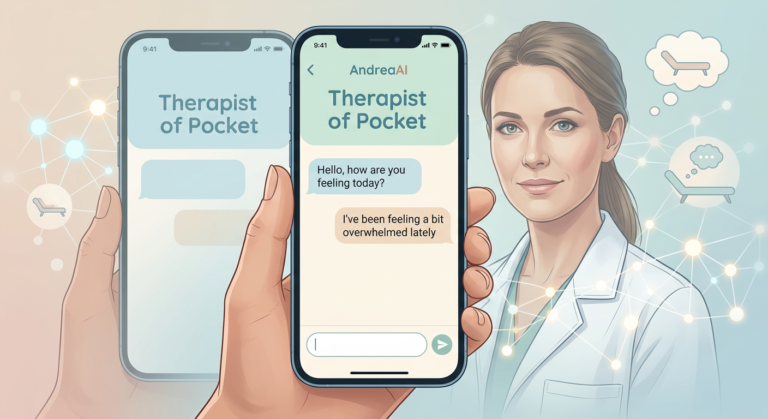 Tela de smartphone exibindo o aplicativo AndreaAI com interface de chat terapêutico e foto sutil da Dra. Andrea Vermont ao fundo.