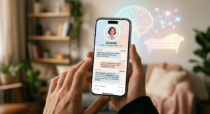 Interface de chat da AndreIA, o terapeuta de bolso, mostrada em um smartphone com símbolos de cérebro, sofá psicanalítico e rede neural ao fundo.