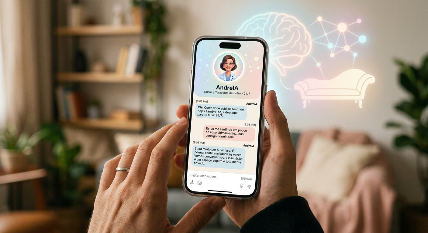 Interface de chat da AndreIA, o terapeuta de bolso, mostrada em um smartphone com símbolos de cérebro, sofá psicanalítico e rede neural ao fundo.