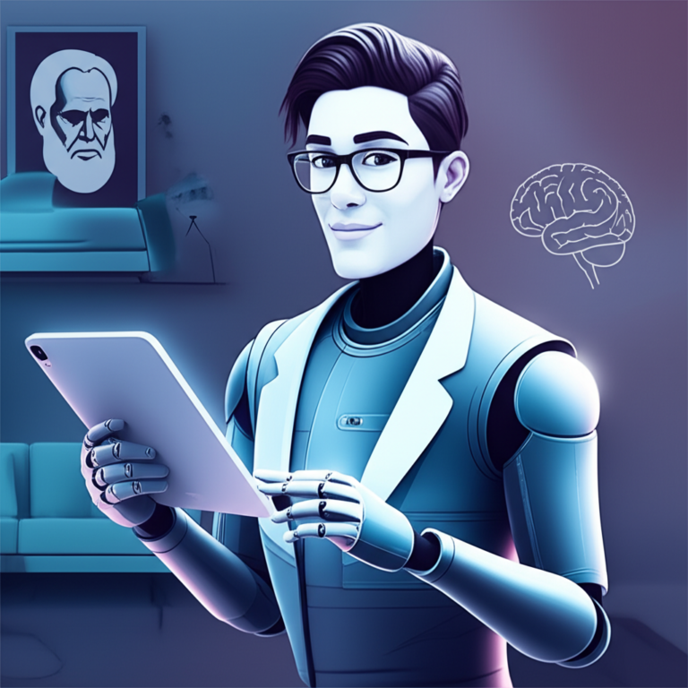 Ilustração de AndreIA, o terapeuta de bolso IA, combinando símbolos de psicanálise e neurociência, disponível 24 horas por dia.