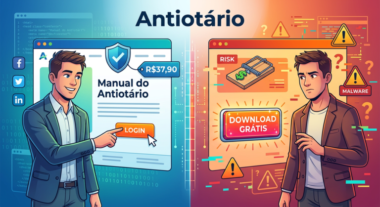 Ilustração dividida mostrando o atalho oficial de login do Manual do Antiotário à esquerda e a armadilha do download grátis à direita, com um homem confuso entre os dois botões.