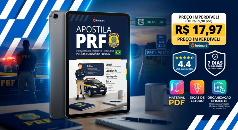 Capa da Apostila PRF para concurso da Polícia Rodoviária Federal, exibindo preço, avaliações e ícones de dicas de estudo em um tablet.