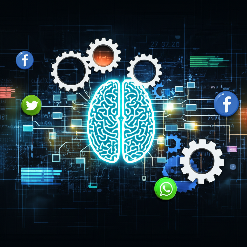 Ilustração técnica da arquitetura de um sistema de IA para criação de conteúdo. Engrenagens digitais conectam um cérebro de IA central a ícones de redes sociais e WhatsApp, representando automação, personalização e eficiência no marketing digital.