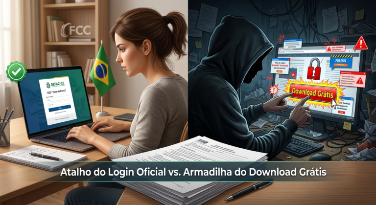 Ilustração dividida que mostra o login oficial do curso SEFAZ CE – Discursiva Cara de Prova ao lado da armadilha de download gratuito, com símbolos de segurança e risco.