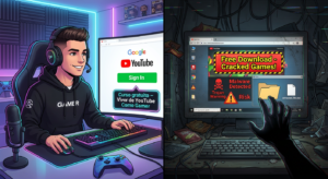 Ilustração dividida mostrando à esquerda o login oficial do YouTube para gamers e à direita a armadilha de download gratuito suspeito.