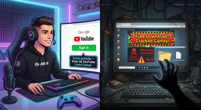 Ilustração dividida mostrando à esquerda o login oficial do YouTube para gamers e à direita a armadilha de download gratuito suspeito.