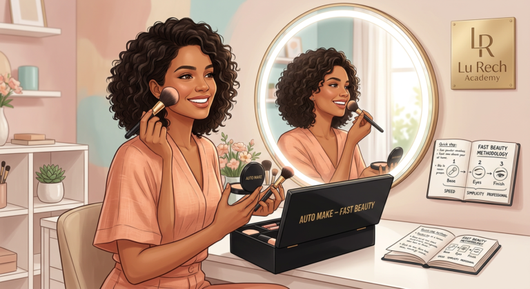 Mulher aplicando maquiagem de forma rápida e prática, usando a metodologia Fast Beauty do curso Auto Make da Lu Rech.