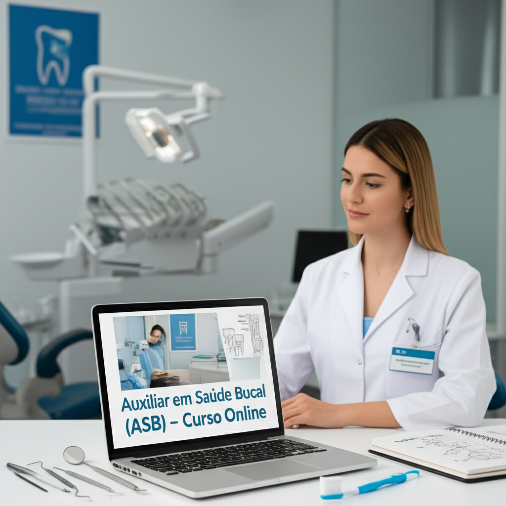 Jovem auxiliar de saúde bucal estudando curso online de ASB ao lado de instrumentos odontológicos e laptop.