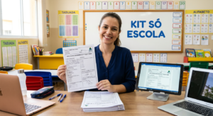 Professor(a) do ensino fundamental segurando avaliação diagnóstica editável do KIT SÓ ESCOLA, com questões de Português e Matemática alinhadas à BNCC.