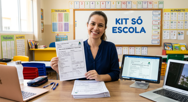 Professor(a) do ensino fundamental segurando avaliação diagnóstica editável do KIT SÓ ESCOLA, com questões de Português e Matemática alinhadas à BNCC.