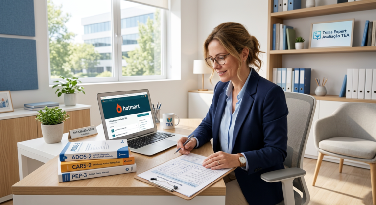 Psicólogo analisando instrumentos de avaliação do TEA em um escritório, com a página do curso Trilha Expert Avaliação TEA aberta no laptop.