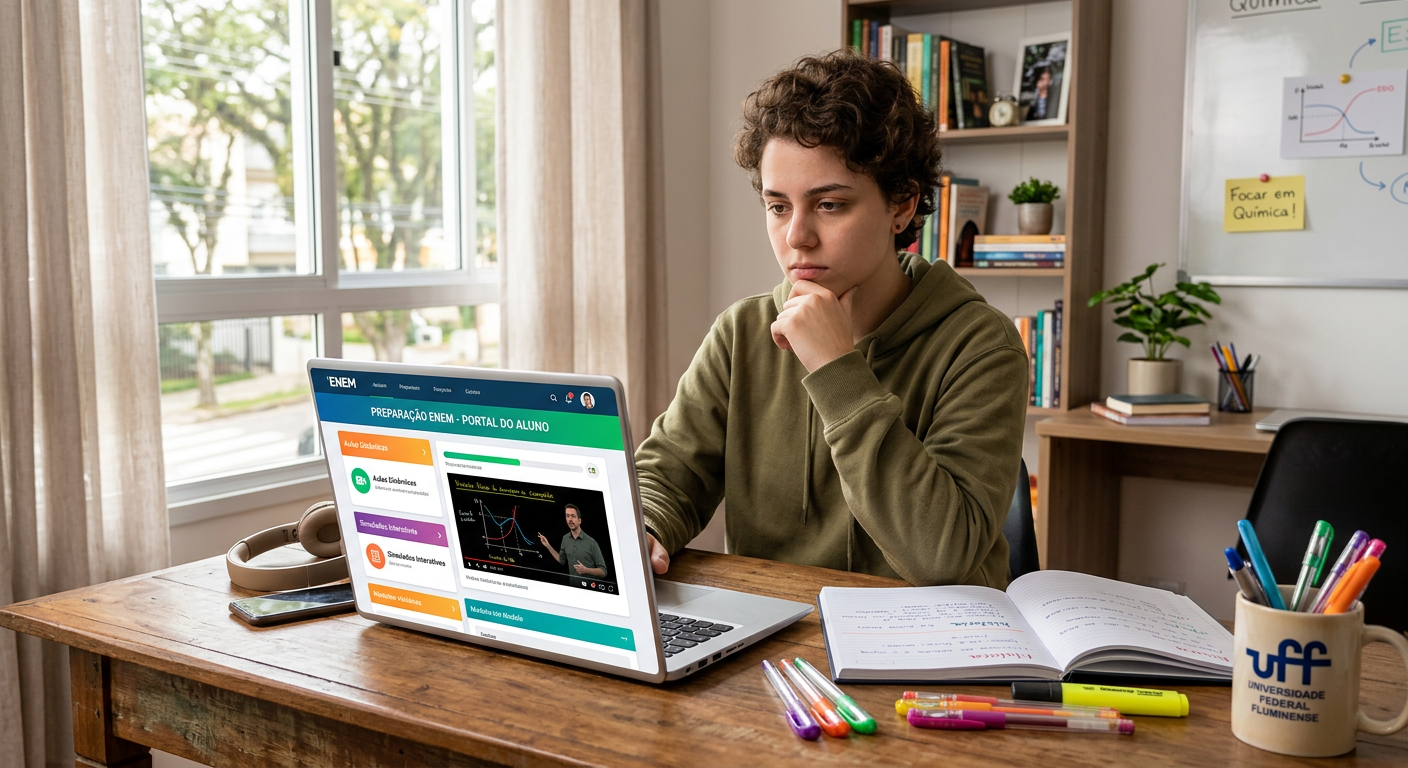 Estudante atento analisando conteúdo de preparatório online para o ENEM em laptop, com materiais de estudo em mesa moderna.