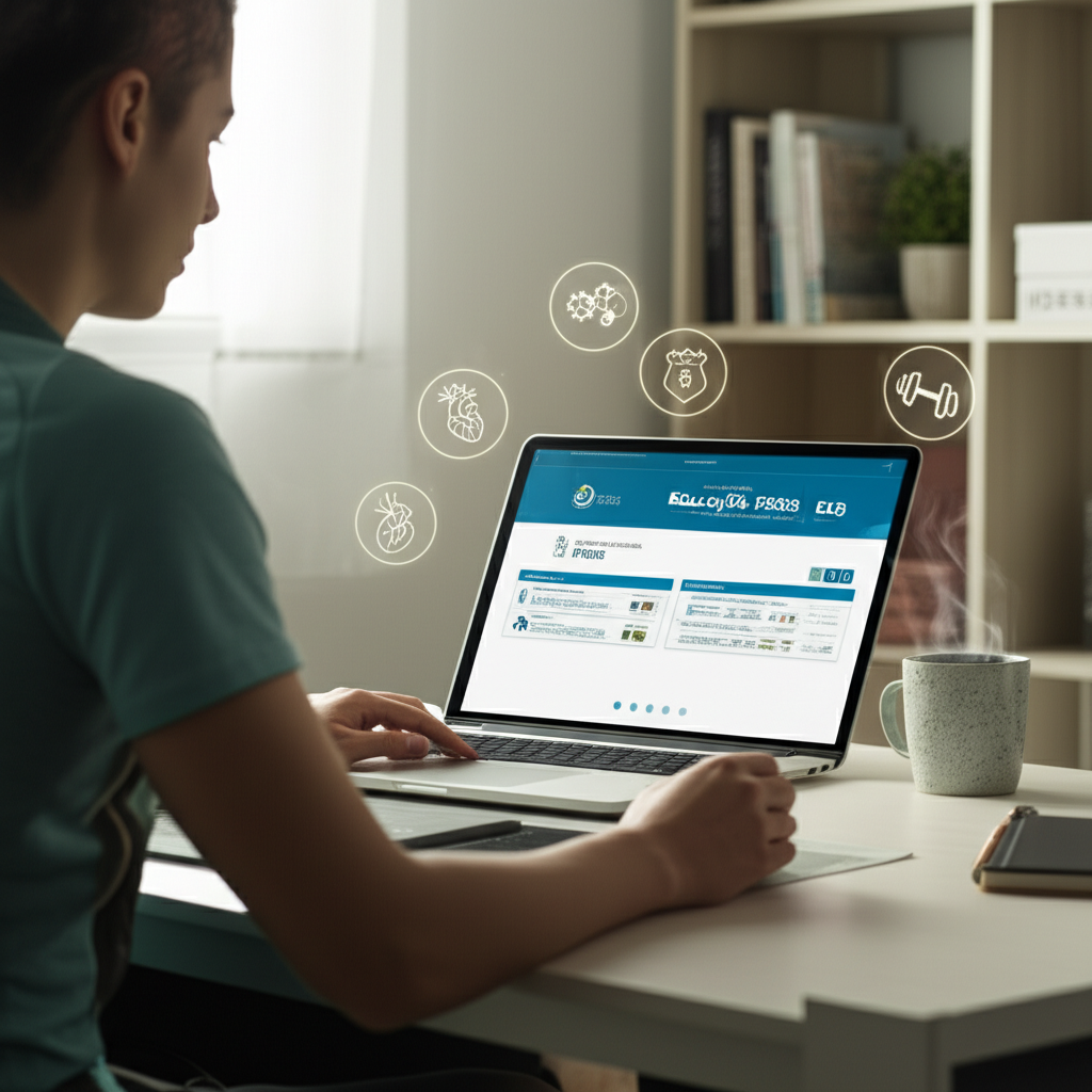 Imagem que representa o Curso Superior Bacharelado em Educação Física EAD do Instituto Óliver, mostrando um estudante estudando online com ícones de fitness, anatomia e preparação policial.