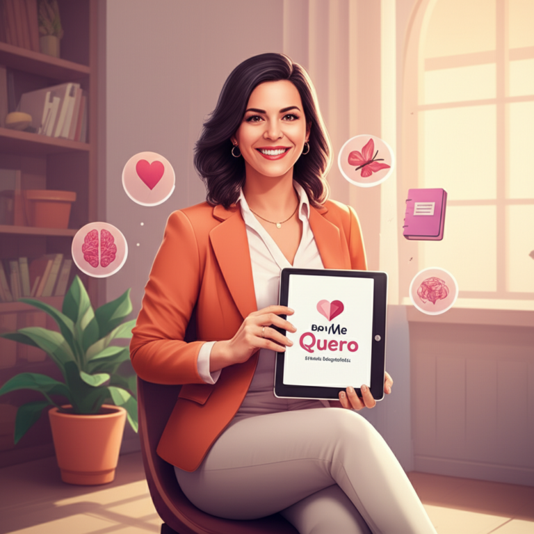 Ilustração de Pamela Magalhães em um consultório acolhedor, apresentando o curso "Bem Me Quero" com ícones de amor‑próprio e inteligência emocional.