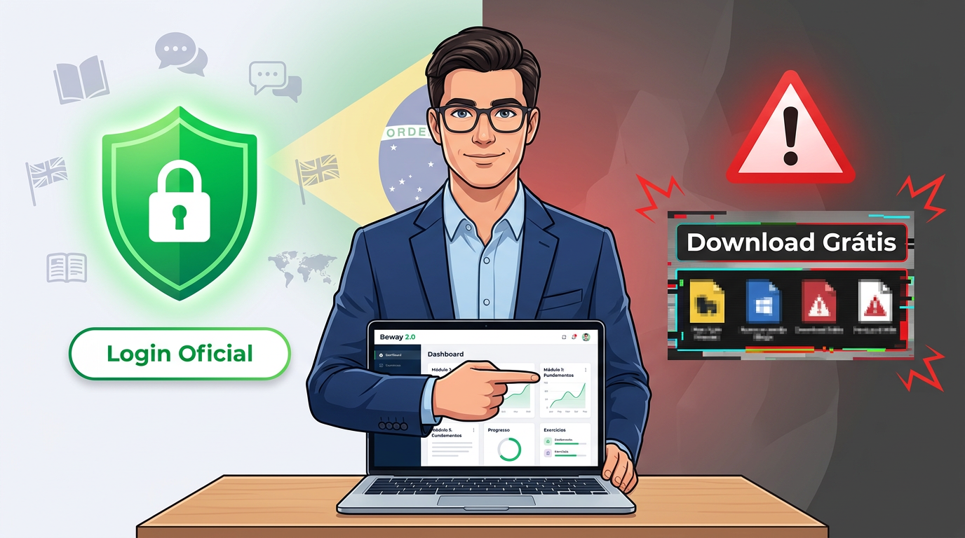 Ilustração mostrando Jonas ao lado de um laptop com a plataforma Beway 2.0, comparando o login oficial (cadeado verde) com a armadilha de download grátis (triângulo vermelho).
