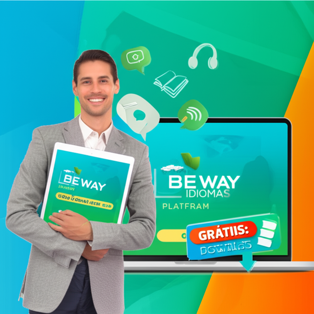 Ilustração promocional do curso online de inglês Beway Idiomas por Jonas, mostrando acesso gratuito para download com laptop, professor e ícones de aprendizado.