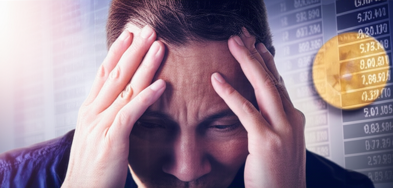 Pessoa com expressão de estresse e confusão, cercada por gráficos financeiros complexos e abstratos, com um sutil símbolo de Bitcoin ao fundo, ilustrando a dor de se sentir sobrecarregado no mercado financeiro.