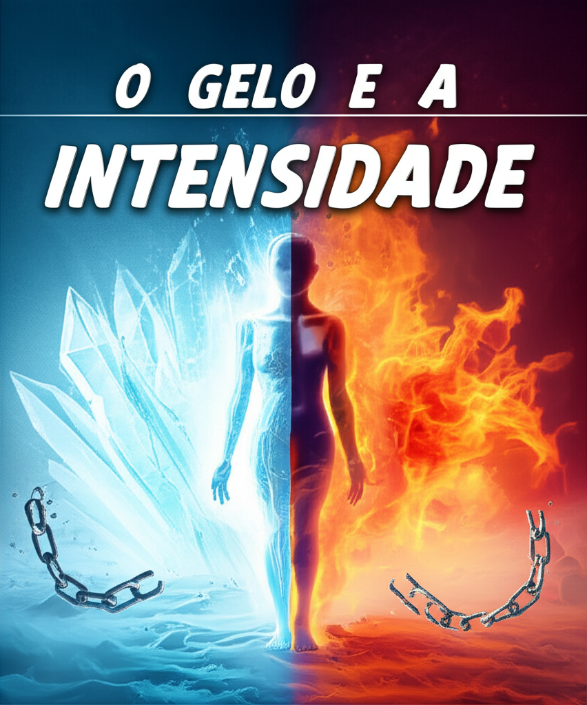 Capa digital do combo 'O Gelo e a Intensidade' com fundo dividido entre gelo azul e fogo laranja, mostrando uma silhueta humana metade congelada, metade em chamas.