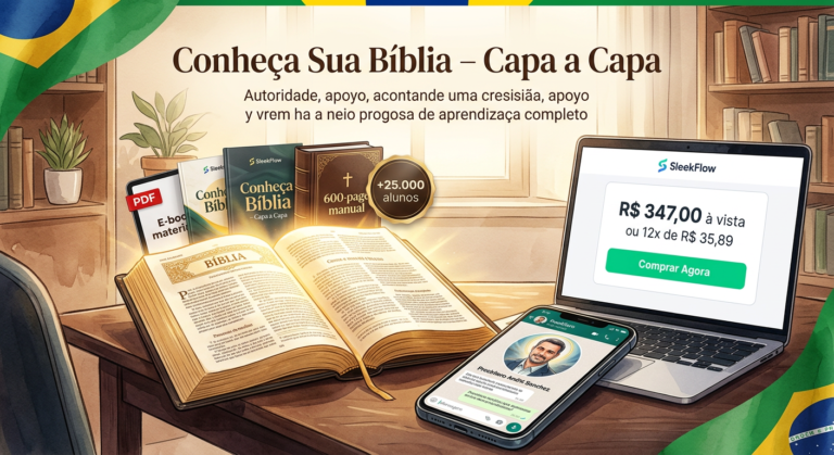 Ilustração de um Bíblia aberta ao centro, laptop com a página de checkout do curso, smartphone exibindo conversa no WhatsApp com o Presbítero André Sanchez e pilha de PDFs, representando o curso online "Conheça Sua Bíblia – Plano Vitalício".
