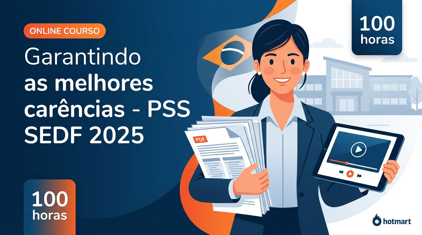 Ilustração de capa do curso Garantindo as melhores carências - PSS SEDF 2025, com professor(a) segurando PDFs e tablet, elementos de escola e bandeira do Brasil, e selo de 100 horas.