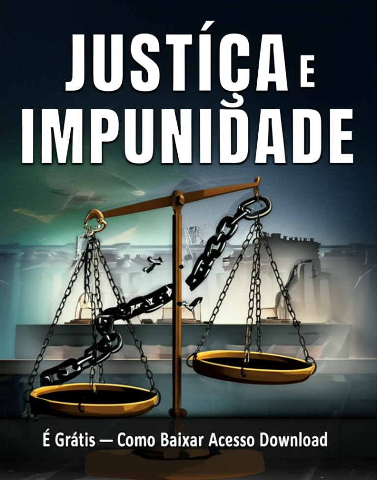 Capa de livro “Justiça e Impunidade” com balança da justiça partida, corrente quebrada, bandeira do Brasil ao fundo e silhueta do Supremo Tribunal Federal em sombras.