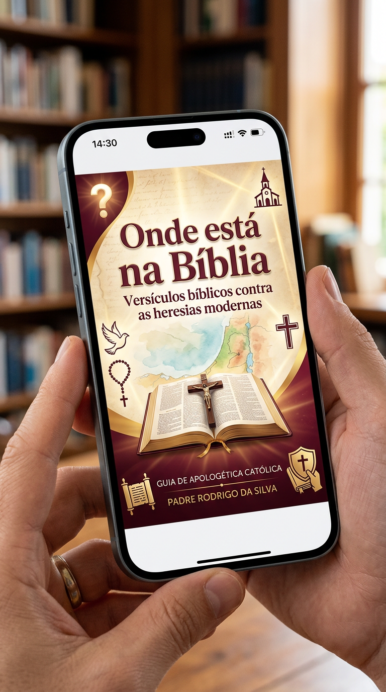 Capa digital do e‑book "Onde está na Bíblia – Versículos bíblicos contra as heresias modernas" exibida em um smartphone, com fundo de pergaminho, cruz católica e mapa da Terra Santa.