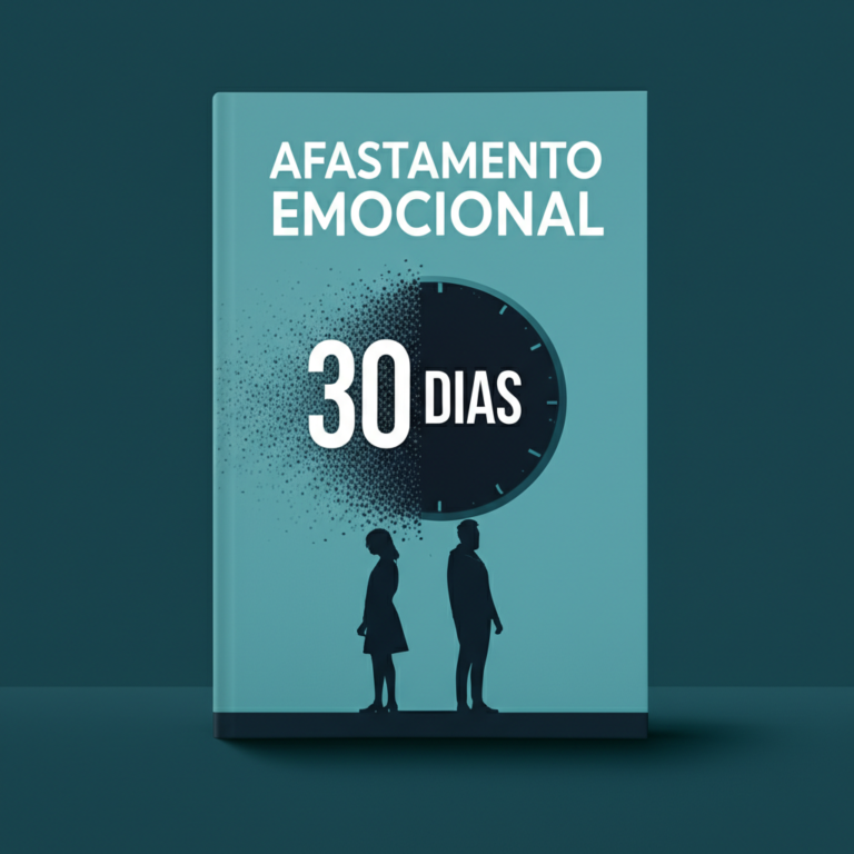 Capa do eBook 'Afastamento Emocional' com relógio de 30 dias e silhueta de casal distante, cores azul e teal.